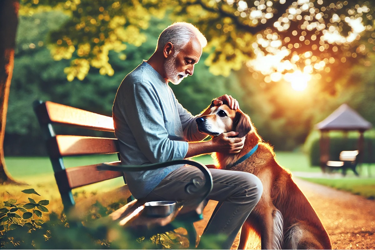 Un anziano che accarezza il suo cane, rappresentando il sostegno fornito dal bonus animali domestici 2024