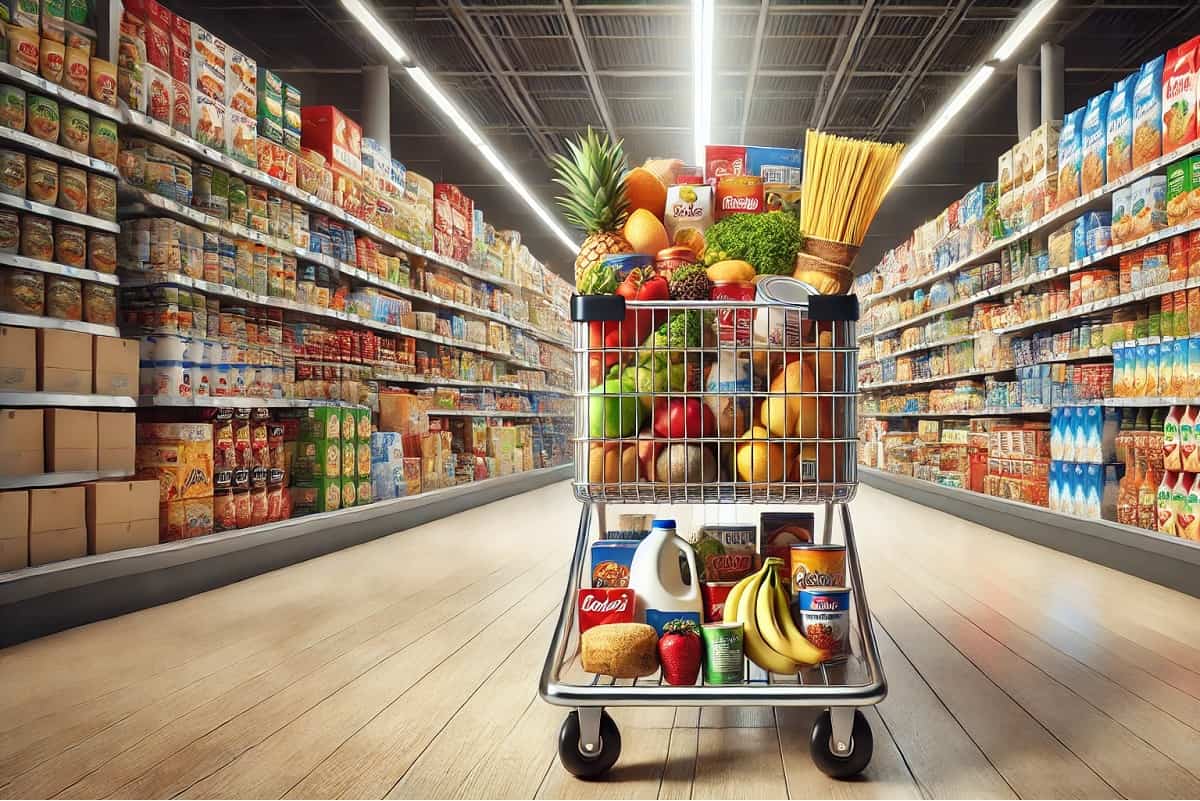 Carrello della spesa pieno di prodotti alimentari in un supermercato