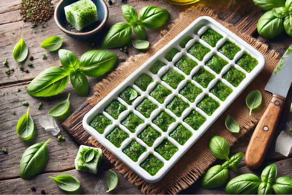 Foglie di basilico fresco congelate su un vassoio pronte per la conservazione in freezer